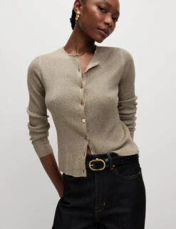 Metallic Crew Neck Slim Fit Cardigan -Marksandspencer Sale Store Metallic Crew Neck Slim Fit Cardigan 3