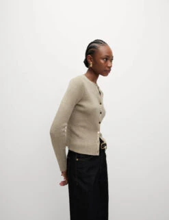 Metallic Crew Neck Slim Fit Cardigan -Marksandspencer Sale Store Metallic Crew Neck Slim Fit Cardigan 5