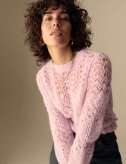 Pointelle Ruffle Fitted Jumper With Alpaca