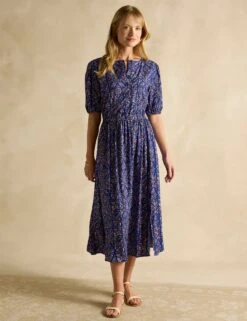 Joules Printed Round Neck Midaxi Waisted Dress