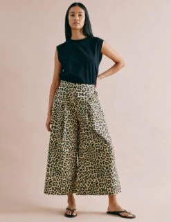 Pure Cotton Animal Print Wide Leg Culottes