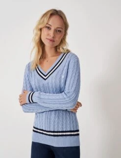 Pure Cotton Cable Knit V-Neck Cricket Jumper
