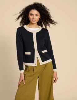WHITE STUFF Pure Cotton Contrast Trim Cardigan