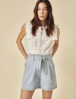 Pure Cotton Denim High Waisted Paper Bag Shorts -Marksandspencer Sale Store Pure Cotton Denim High Waisted Paper Bag Shorts 3