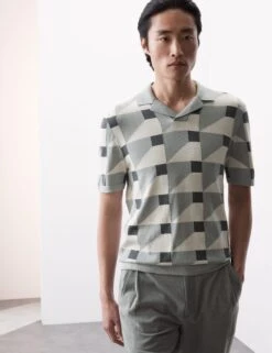 Pure Cotton Geometric Knitted Polo Shirt -Marksandspencer Sale Store Pure Cotton Geometric Knitted Polo Shirt 4