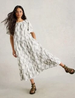 WHITE STUFF Pure Cotton Jacquard Midi Tiered Dress