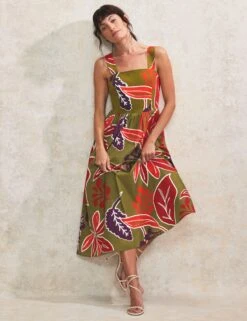 Pure Cotton Leaf Print Midaxi Waisted Dress