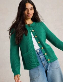WHITE STUFF Pure Cotton Ribbed Crew Neck Cardigan