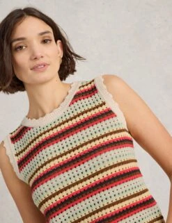 WHITE STUFF Pure Cotton Striped Textured Knitted Vest