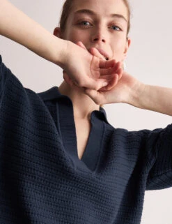 Jaeger Pure Cotton Textured Collared Relaxed Jumper