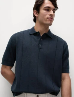 Pure Cotton Textured Knitted Polo Shirt -Marksandspencer Sale Store Pure Cotton Textured Knitted Polo Shirt 4
