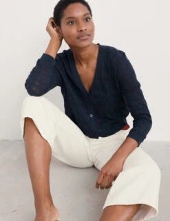 Pure Cotton Textured V-Neck Cardigan -Marksandspencer Sale Store Pure Cotton Textured V Neck Cardigan 3