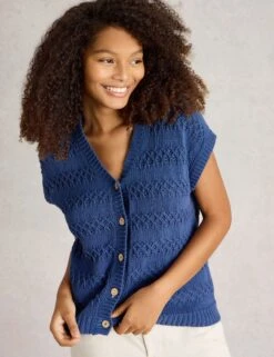 WHITE STUFF Pure Cotton Textured V-Neck Knitted Waistcoat