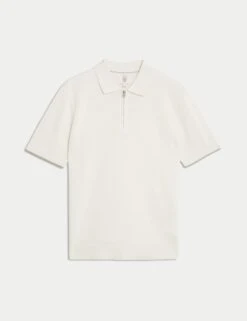 Pure Cotton Zip Up Knitted Polo Shirt