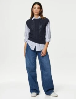 Cotton Rich Cable Knit Relaxed Knitted Vest -Marksandspencer Sale Store SD 01 T38 6018 F0 X EC 1