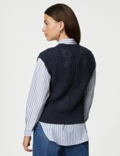 Cotton Rich Cable Knit Relaxed Knitted Vest -Marksandspencer Sale Store SD 01 T38 6018 F0 X EC 3