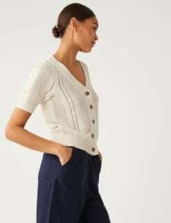 Cotton Rich Textured V-Neck Cardigan -Marksandspencer Sale Store SD 01 T38 6199 KY X EC 2