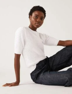Cotton Rich Textured Knitted Top -Marksandspencer Sale Store SD 01 T38 6778 P6 X EC 2