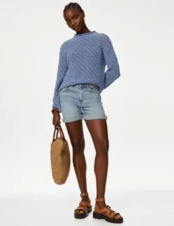 Cotton Blend Textured Crew Neck Jumper -Marksandspencer Sale Store SD 01 T38 6984 KP X EC 1