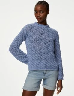 Cotton Blend Textured Crew Neck Jumper -Marksandspencer Sale Store SD 01 T38 6984 KP X EC 3