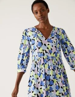 Printed Tie Neck Puff Sleeve Midi Dress -Marksandspencer Sale Store SD 01 T42 7392 ZZ X EC 2
