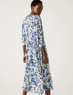 Printed Tie Neck Puff Sleeve Midi Dress -Marksandspencer Sale Store SD 01 T42 7392 ZZ X EC 4