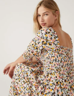 Pure Cotton Printed Shirred Midaxi Dress