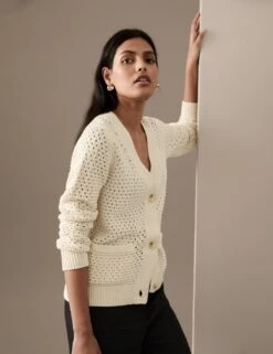 Cotton Rich Crochet V-Neck Cardigan