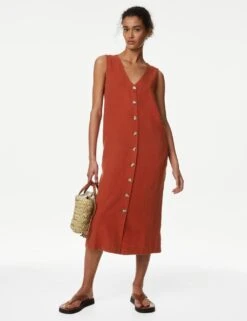 Linen Rich V-Neck Button Through Midi Dress