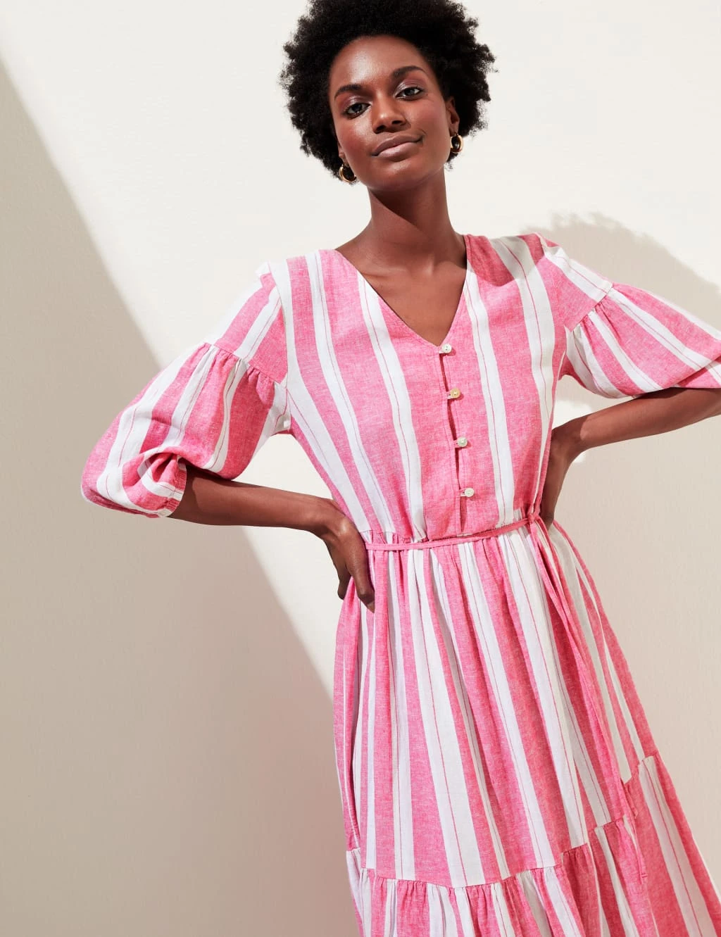 Linen Blend Striped V-Neck Midi Tiered Dress 3 Linen Blend Striped V-Neck Midi Tiered Dress - Image 3