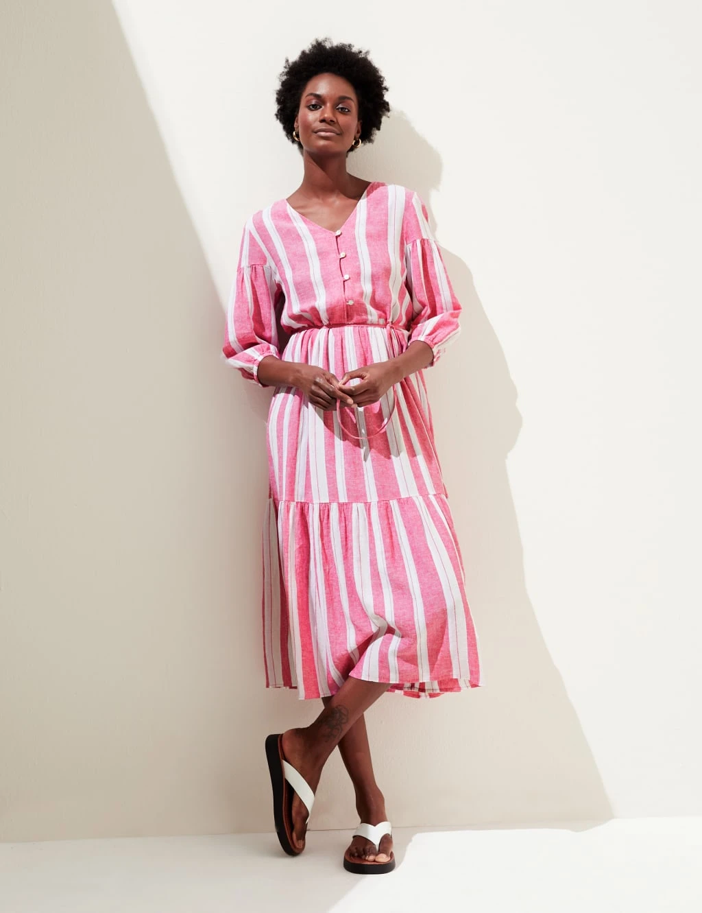 Linen Blend Striped V-Neck Midi Tiered Dress 4 Linen Blend Striped V-Neck Midi Tiered Dress - Image 4