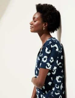 Linen Rich Printed V-Neck Midi Shift Dress -Marksandspencer Sale Store SD 01 T52 6819 F4 X EC 1