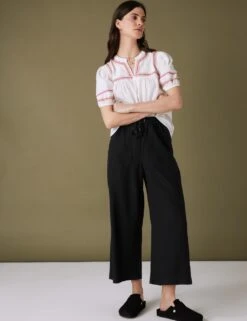 Linen Blend Wide Leg Cropped Trousers