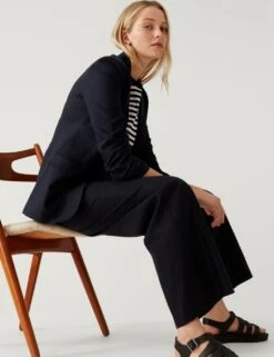 Linen Blend Ruched Sleeve Blazer