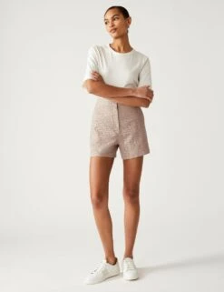 Linen Blend Broderie High Waisted Shorts