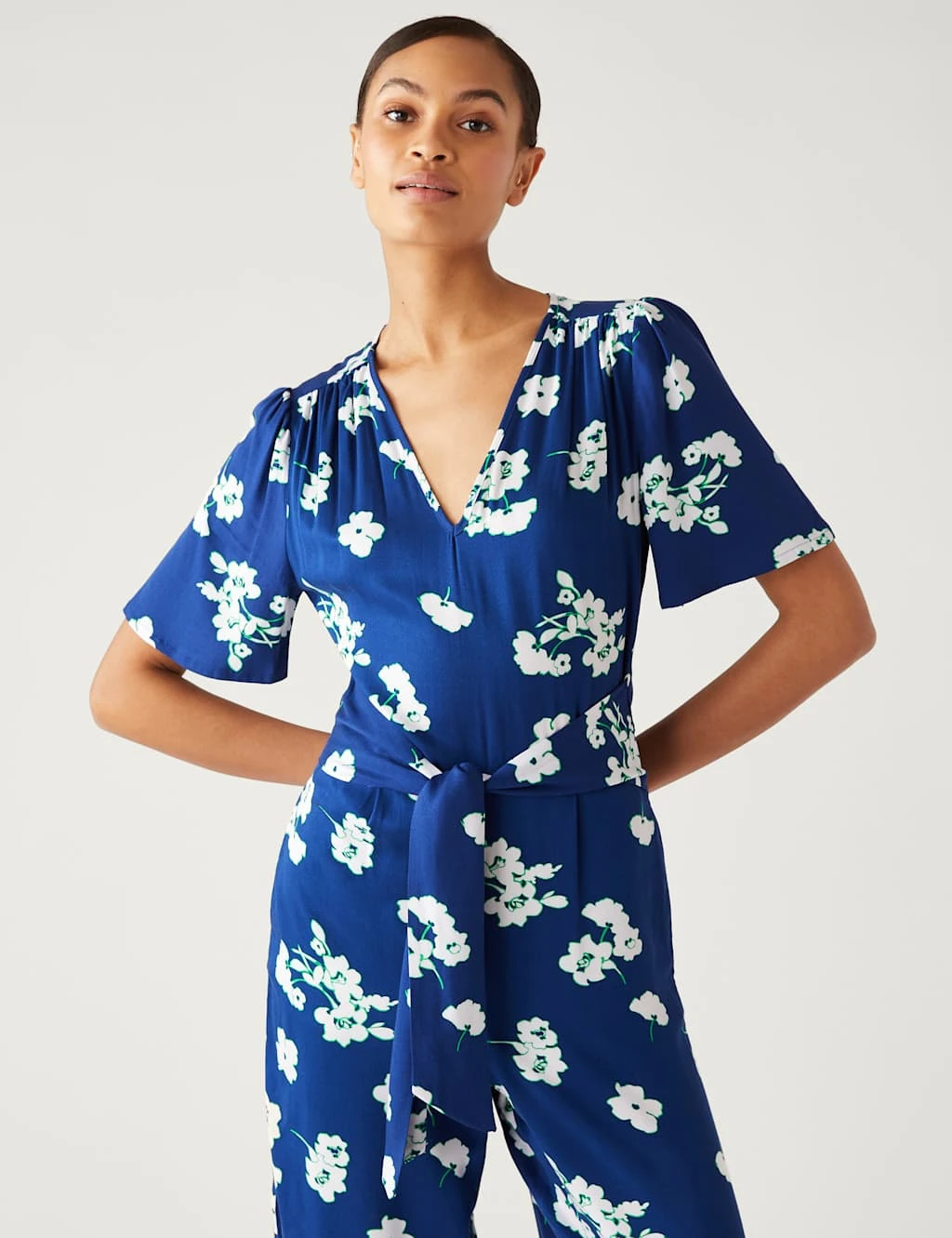 Floral Tie Detail Short Sleeve Jumpsuit 1 Floral Tie Detail Short Sleeve Jumpsuit