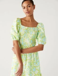 Linen Rich Floral Square Neck Midi Dress -Marksandspencer Sale Store SD 01 T69 1685 J4 X EC 1