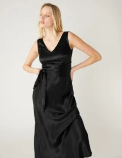 Satin V-Neck Tie Front Midi Waisted Dress