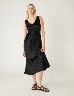 Satin V-Neck Tie Front Midi Waisted Dress -Marksandspencer Sale Store SD 01 T69 1721 Y0 X EC 1
