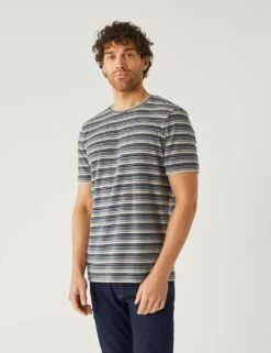 Cotton Rich Striped Textured T-Shirt -Marksandspencer Sale Store SD 03 T28 1963M E4 X EC 1
