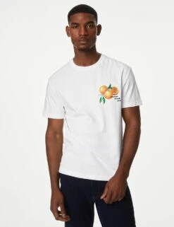 Pure Cotton Orange Graphic T-Shirt -Marksandspencer Sale Store SD 03 T28 2064M Z0 X EC 1