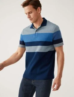 Pure Cotton Double Knit Striped Polo Shirt 7 Pure Cotton Double Knit Striped Polo Shirt -Marksandspencer Sale Store SD 03 T28 3347M L9 X EC 1