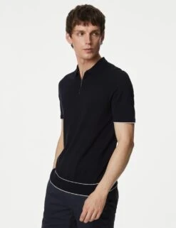 Silk Cotton Zip Neck Knitted Polo Shirt