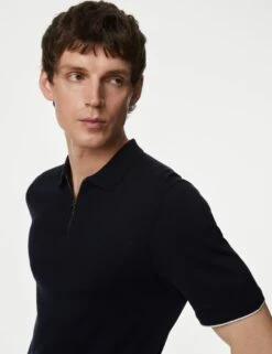 Silk Cotton Zip Neck Knitted Polo Shirt -Marksandspencer Sale Store SD 03 T30 1119A F3 X EC 2