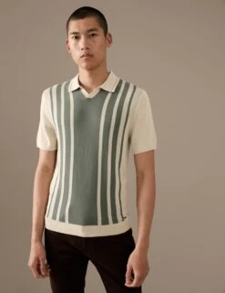 Cotton Blend Striped Knitted Polo Shirt