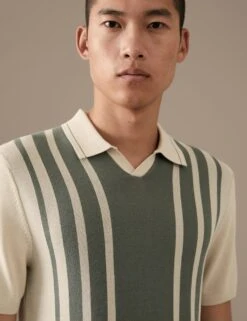 Cotton Blend Striped Knitted Polo Shirt -Marksandspencer Sale Store SD 03 T30 1148A NB X EC 1