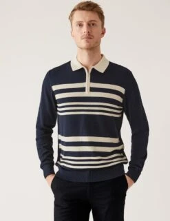 Cotton Modal Striped Knitted Polo Shirt -Marksandspencer Sale Store SD 03 T30 2118M F4 X EC 2