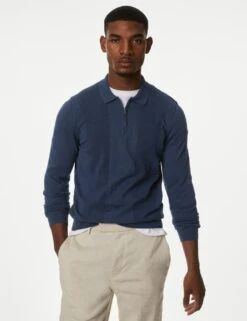 Cotton Rich Zip Up Knitted Polo Shirt