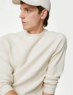 Cotton Blend Textured Crew Neck Jumper