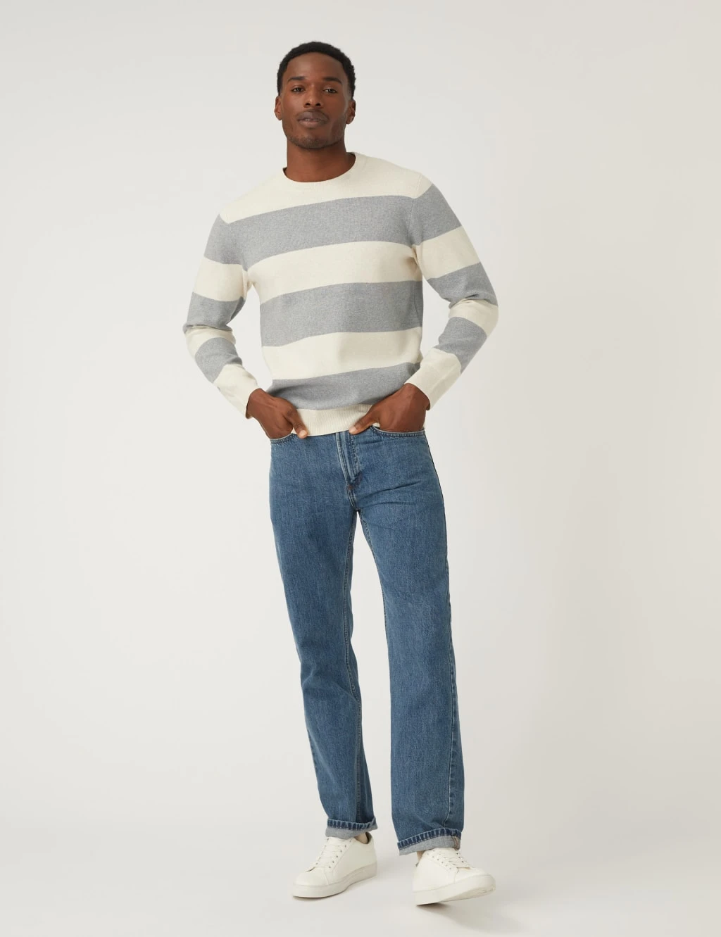 Cotton Blend Striped Crew Neck Jumper 1 Cotton Blend Striped Crew Neck Jumper